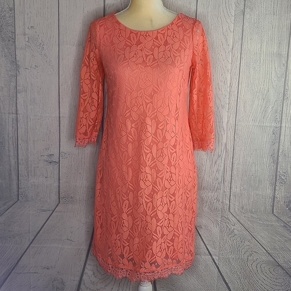 London Times Peach Pink Lace Sheath Dress Size 6